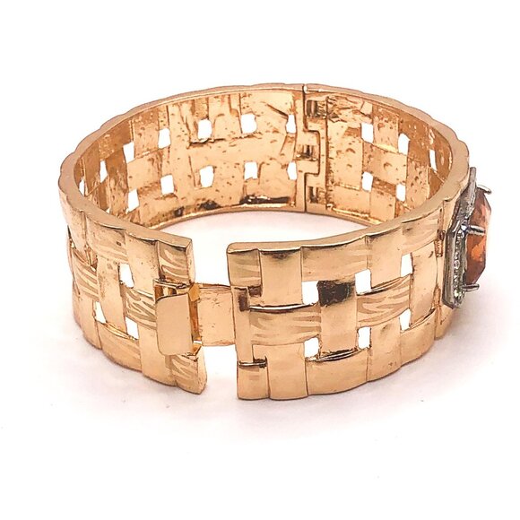 Gold tone lattice clamper bracelet with amber glass stone rhinestone halo - Picture 6 of 10